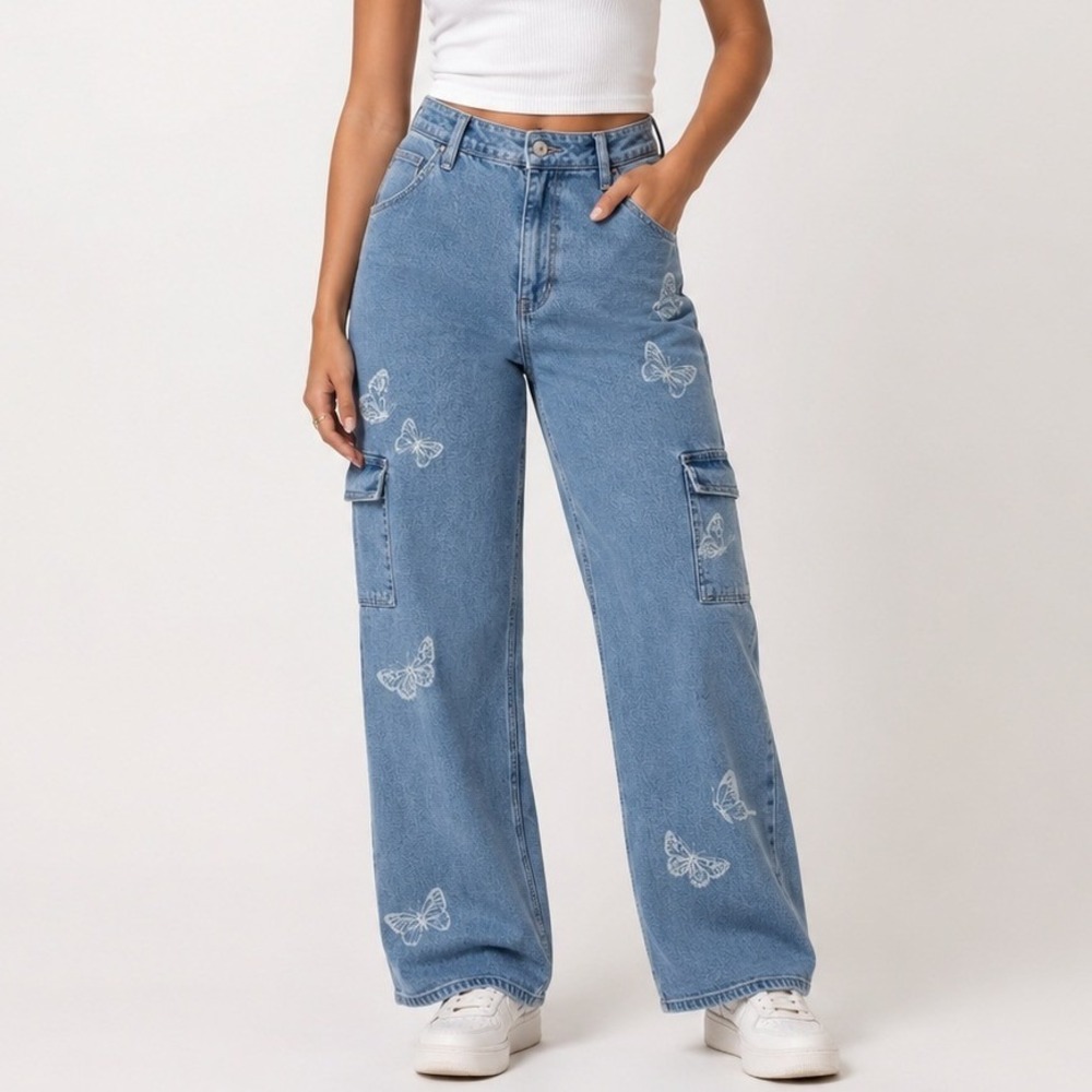 Hollister Dad Jean 29 Blue Butterfly Print Ultra High Rise Cargo Y2K